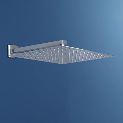 JOHO Soffione Doccia a Pioggia con Braccio Doccia a Parete-Cromo Soffione con Braccio per Doccia in Acciaio Inox-Docce Fisse con Getti - Quadrato 30x30 cm/12 Pollici- Braccio 37 cm