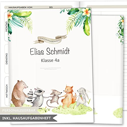 OLGS Hausaufgabenheft Hülle Tierfreunde inkl. Heft Schulheft Schutzhülle Umschlag Geschenkidee Einschulung personalisierbar mit Namen und die Schulklasse (personalisiert, Freunde)