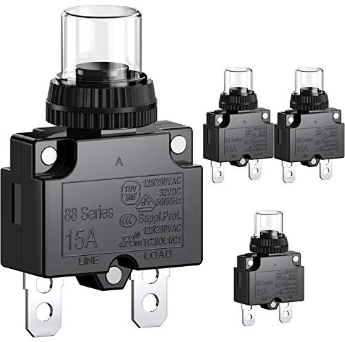 CLDIY Interruttore di alimentazione 15 A con protezione termica da sovraccarico 88 Series Manual Push Button Reset con morsetti a collegamento rapido e cappuccio impermeabile 32 VDC o 125 / 250 VAC 4