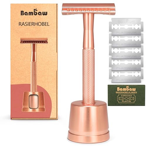 Bambaw Rasierhobel Damen mit Rasierhobel Ständer & 5 Rasierklingen, Metall Rasierer Frauen mit Rutschfestem Griff, Sicher & Wiederverwendbar, Geeignet für Alle Hauttypen (Roségold)