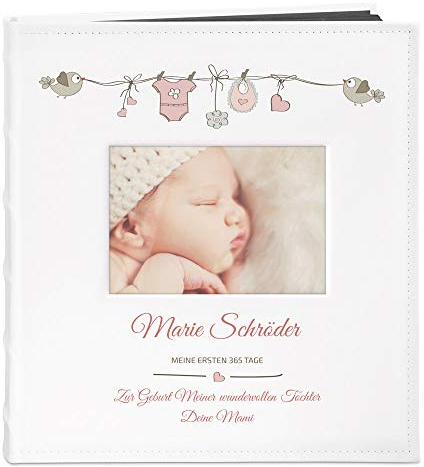Maverton Fotoalbum zum Selbstgestalten mit Aufdruck - für 240 Fotos 10x15-60 schwarze Seiten - Größe 33x30cm - Weiß - personalisierte Geschenke für Kinder zur Taufe Geburt - Geburtstagsgeschenk