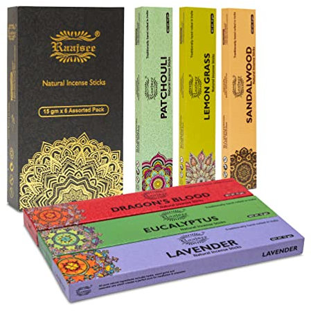 raajsee Incense Sticks-100% Organic Hand rolled 6 PACK15gm each Natural Sandalwood Insense Stick- Free from Chemicals & Charcol-No Black Smoke Joss Sticks- Perfect for Church,Aromatherapy