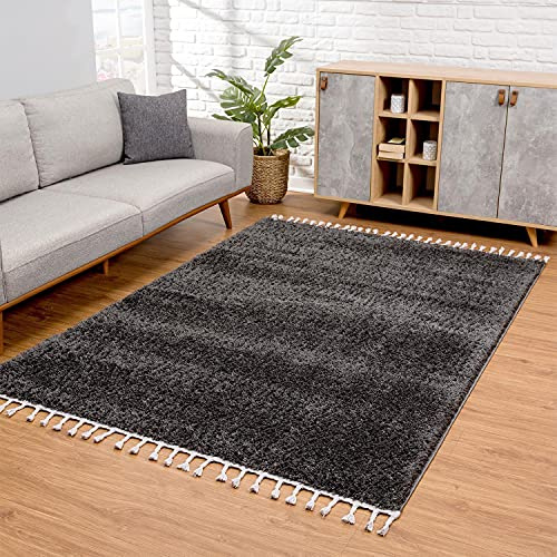 carpet city Hochflor Teppich Wohnzimmer - Einfarbig Schwarz - 200x290 cm - Shaggyteppich Langflor - Kettfäden - Schlafzimmerteppich Flauschig Weich - Moderne Wohnzimmerteppiche