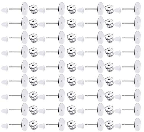 150 Stück 925 Sterling Silber plattierte Ohrringe, flache Pads, hypoallergene Ohrringpfosten und Verschlüsse, Ohrringstecker, Rohlinge für Schmuckherstellung (8 mm)
