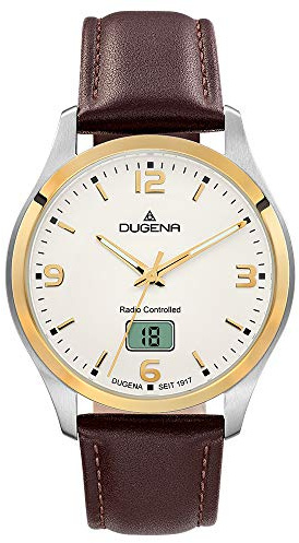 Dugena Herren-Armbanduhr 4460862 Tresor Funk, Funkuhrwerk, Bicolor-Zifferblatt, Edelstahlgehäuse, Saphirglas, Lederarmband, Dornschließe, 10 bar