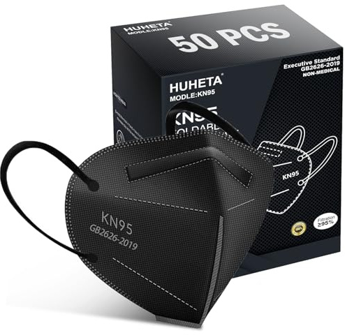 HUHETA 50 Packs KN95 Face Mask, 5-Layer Face Mask Filter Efficiency≥95% (Black)