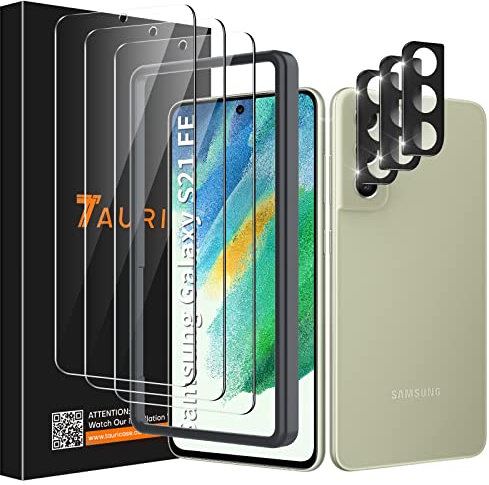 TAURI 6 Stück Hartglas, kompatibel mit Samsung Galaxy S21 FE 5G, enthält 3 Displayschutzfolien + 3 Rückkamera-Schutz – [HD-Glas] stoßfest, kratzfest, bruchsicher