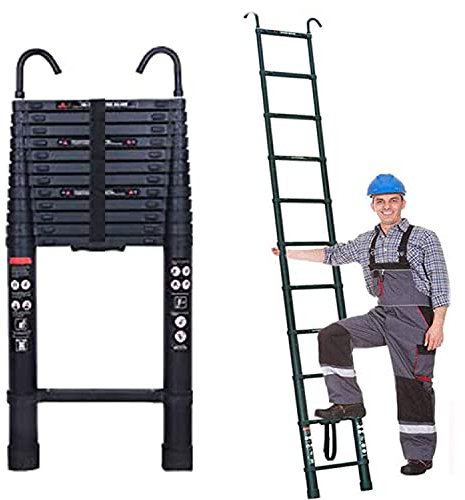 Teleskopleiter mit Haken, 5m Alu Klappleiter Aluminium Leiter, Ausziehbar Schiebeleiter, Rutschfester Aluleiter Mehrzweckleiter Ausziehleiter, aus hochwertigem Aluminium, 150kg Tragkraft