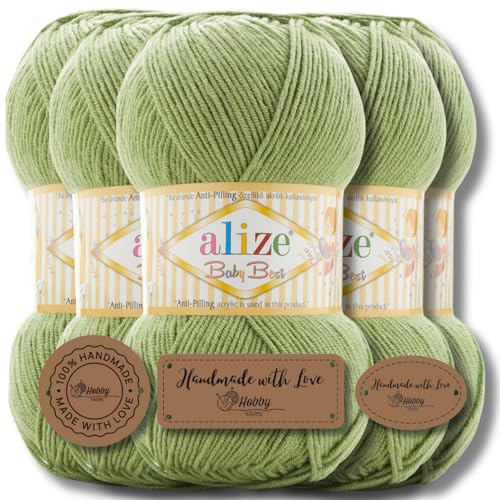 Hobby YARN 3x Etikettenlabel mit Alize Baby Best Wolle Premium 5x100g als Set | Antipilling Babywolle Acryl Uni & Batik Strickgarn zum Häkeln und Stricken (Green | 485)