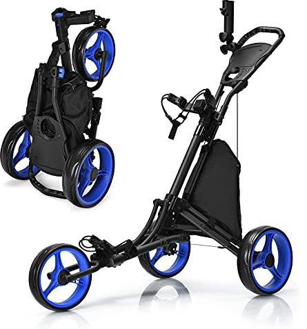 GOPLUS Golf Trolley, golftrulle, 3 hjul med justerbart handtag, fotbroms, golfvagn vikbar med paraply- och mugghållare & vattentät väska, golfcaddy golf push cart (blå)
