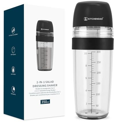 KITCHENDAO 2 in 1 Salat Dressingshaker mit Saftpresse, Ausgießer, Auslaufsicher, Messbecher Salatdressing Behälter Spülmaschinenfest, BPA-frei, Dressingbehälter Salatdressing Shaker 350ml-Schwarz