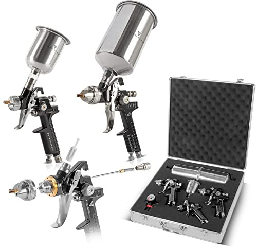 STAHLWERK Kit de Pistolets à Peinture HVLP SGS-1125 St 21 pièces avec 3 Pistolets à Peinture à air comprimé, Jeu de Buses de 0,8/1,4/1,7 mm, Mallette en Aluminium et Plus Pistolet à Peinture