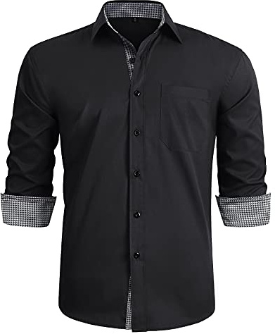 HISDERN Camisas Hombre Manga Larga Camisa Casual Hombres Formal Camisas de Vestir Slim Fit Shirt Negro Gris 3XL