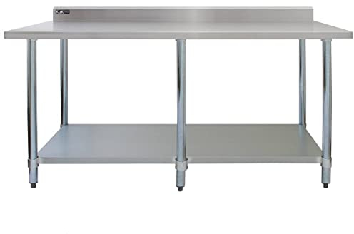 210cm Storkök Arbetsbänk Cateringbord Kommersiellt Rostfritt Stål Matberedning Yta Restaurang Café Förvaring Hylla 250 kg Viktkapacitet Justerbar höjd 10 cm Stänkskydd 2 x GRATIS mikrofiberdukar