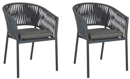 Home4You Gartenstuhl 2er Set – Terrassenstühle stapelbar – Balkonstuhl Aluminium weiß – Geflecht dunkelgrau – Sitzmöbel inkl. Kissen – 60x80x57 cm