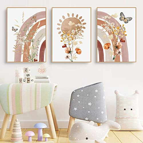 Herfair 3er Set Poster Kinderzimmer Deko Regenbogen Sonne Blume und Schmetterling Bilder, Kinderzimmer Deko Bilder Set Junge Mädchen Babyzimmer Kinderbilder (30x40cm)