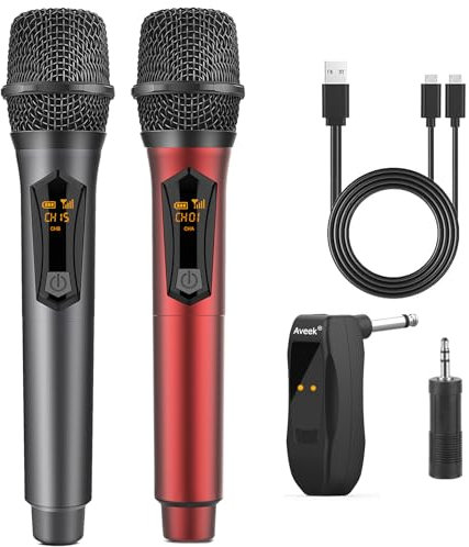 Aveek Funk Mikrofon, Wiederaufladbares Drahtloses Mikrofon mit Empfänger 2,4GHz Wireless Microphone Dual Dynamisches Funkmikrofon für Karaoke-Gesang, Sprache, Hochzeit, Kirche, Grau & Rot, 2 Stück