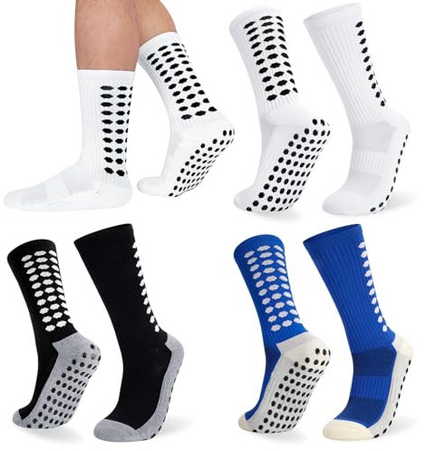 Zuimei 3 Pairs Football Grip Socks for Men, Grip Socks Football Socks Anti-slip Sports Socks for Football Basketball Soccer Volleyball Yoga Running Trekking Hiking, white,blue,black