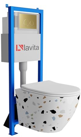 Lavita LAV 101 Vorwandelement für WC 40cm + Wand Hänge Tiefspül WC SOFI SLIM STONE Weiß Spülrandlos + Bedienplatte LAV 200.4.5 Gold | Komplettset | Unterputz Spülkasten | Toilette Komplett Sett