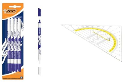 BIC Tintenkiller, 4 Stück, Tintenlöscher schmierfest, Ideal für das Büro, das Home Office oder die Schule & TSI Geodreieck mit Griff, 16 cm, transparent, Art. 46318