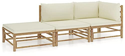 Faroom Gartenlounge Set Bambus Lounge Gartenmöbel Set Loungemöbel Set Bambus Balkon Lounge Sofa Outdoor Balkonmöbel Kleiner Gartengarnitur Sofagarnitur Creme 3-tlg-Type-98