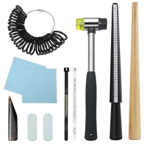 Pckobever Ring Sizer UK,11 In 1 Ring Making Tools Set Ring Size Measuring Tools,Ring Gauge Set With Ring Mandrel Rubber Hammer Finger Ring Gauges Measurement For Rings Finger Gauge Jewellery
