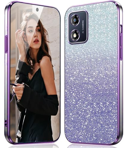 DESSEN Funda para Motorola Moto E13 Capa Glitter - Transparente Silicona Carcasa Antigolpes Protector Móvil Case Cover con Marco Galvanizado y Tarjeta de Brillo Incorporada, Morado