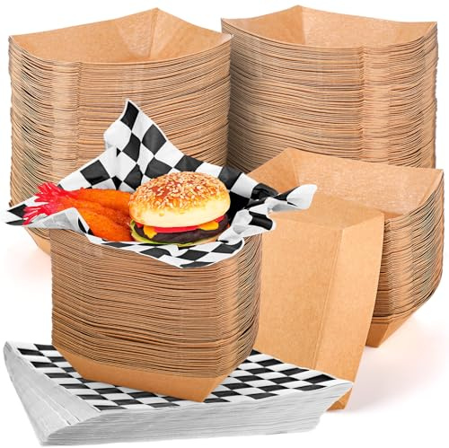 Potchen 1000 Pcs Disposable Paper Food Tray and Grease Proof Deli Liner, 2 lb Coated Paperboard Food Boats Wax Paper Holds Nacho Taco Hot Dog for Picnics Carnivals Birthday(Black and White,Checkered)