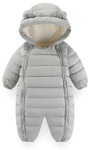 Baby overall, vinter med huva, sparkdräkt, pojkar, flickor, spädbarn, snö, bära, tjock overall, ljusgrå, 9–12 månader