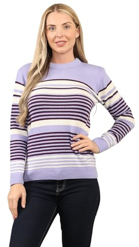 WearAll Women Knitted Jumper Long Sleeve Striped Pattern Crew Neck Ladies Sweater Pull Over Jacquard Top Lilac M/L