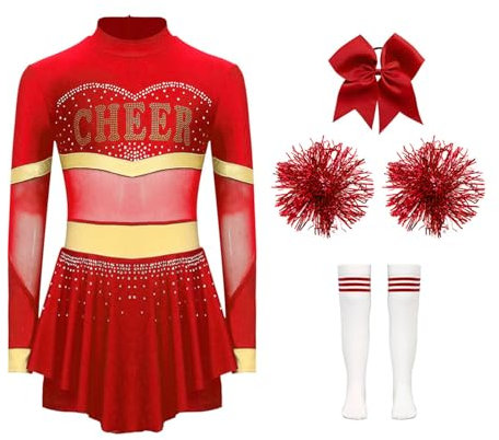 Miutii 4er Set Mädchen Cheer Leader Kostüm Cheerleading Uniform Langarm Kleid mit Pompoms Socken Haarband Halloween Karneval Faschingskostüm B Rot&Weiß 158-164