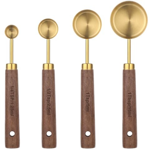 JJUNW 4 Stück Messlöffel Set, Edelstahl Teelöffel Messlöffel mit Holzgriff Mini Löffel Gewürzlöffel, 1/4 TSP, 1/2 TSP, 1 TSP, 1 TBSP Messlöffel zum Backen von Speisen