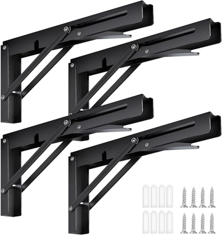 Vivikivi 4 Pièces Support d' Étagères Pliable, Équerre Pliante Support Console Pliants, Murale Supports Pliante en Métal, Pour Table Etagere Murale Garage Cuisine Chambre Bureau (Noir, 300mm)