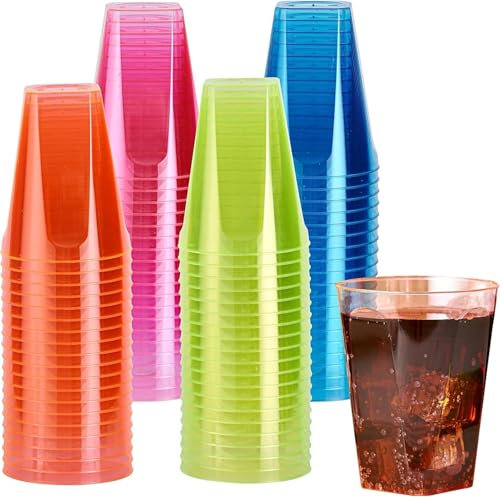 MATANA 40 Neon Party Cups, Coloured Hard Plastic Cups, 210ml - Blacklight UV-Reactive - Drinks, Cocktails, Desserts - Kids' Parties, Birthdays, Christmas, Picnic, BBQ, Parties - Sturdy & Reusable