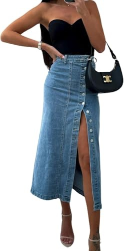 Gonna Lunga in Denim Slim Fit A Vita Alta Sexy da Donna Gonna in Denim con Spacco Laterale Abbottonata Gonna Midi Moda Gonna in Jeans Casual (Azzurro,M)