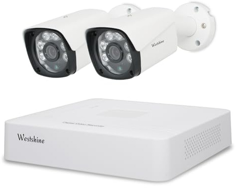 WESTSHINE Kit Cámaras de Vigilancia, Detección de Persona/Vehículo, 5M-N 4CH H.265+ Grabadora DVR y 2 1080P Cámaras Vigilancia CCTV Exterior, IP67 Impermeable, Visión Nocturna(Disco Duro No Incluido)