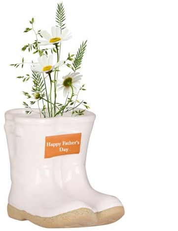 Dibor Ceramic Wellington Boot Plant Pot Indoor/Outdoor Plant Pot Herb Seedling Bulb Flower Pot Planter with Happy Father's Day Engraved Plaque Gardening Gift (White)