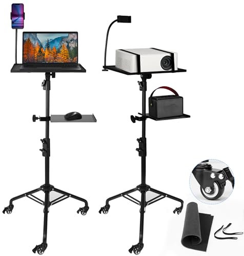 Steadus - Projector Stand Tripod - 28.7 -54.3 Inch Adjustable Laptop Tripod Stand with Wheels - Dual Tray Portable Laptop Stand with Phone Holder for Office, Home, Stage, DJ Equipment & Outdoor Movies