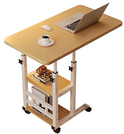 Betttisch auf Rollen Höhenverstellbar Frühstückstisch fürs Bett Pflegehilfsmittel Betttische mit Doppeltem Bücherregal für Den Heim und Krankenhausgebrauch(Natural+White,60 * 40 * 60-85cm)