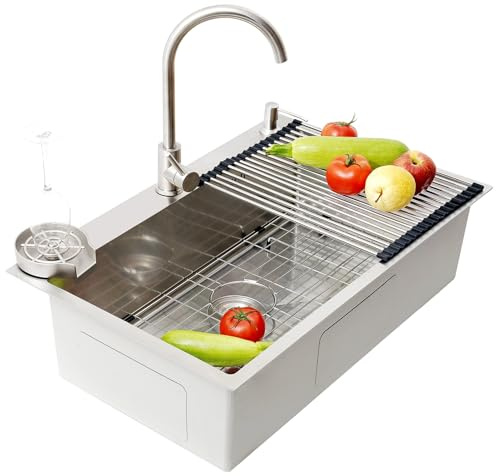 Fregadero de cocina grande plateado, fregadero de bar para cocina de alta resistencia, con juego de desagüe completo, fregadero de cocina de acero inoxidable 304 con una cubeta (70 x 50 x 22 cm)
