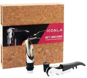 KOALA | Set UnCork AC | Sacacorchos Profesional de Dos Tiempos con Cuchilla | Vertedor Antigoteo con Tapón de Silicona | Estuche de Corcho | Regalo para Amantes del Vino