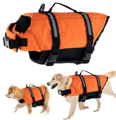 Chaleco Salvavidas para Perros, FainFun Chaleco Flotador para Perros Grandes Pequeños Medianos Naranja, Que Nadan en el Agua (Naranja, Small)
