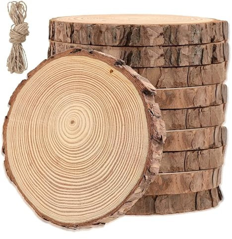 HLHLH Lot de 10 rondelles de Bois percées de 15 à 16 cm, Cercles en Bois Brut avec Ficelle de Suspension, for travaux manuels, Peinture, décoration Murale, Mariage, Noël, projets de Bricolage