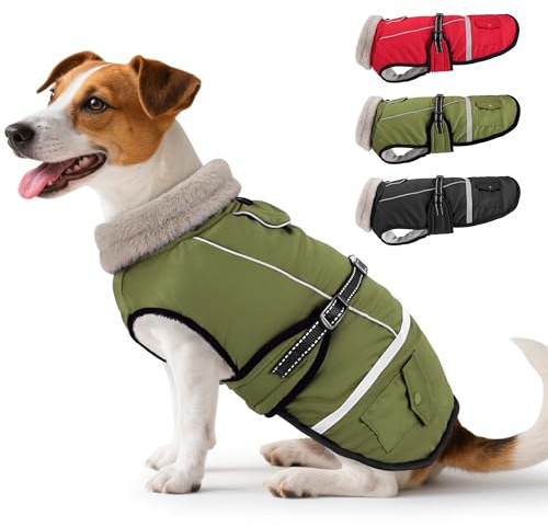 Woiil Hundemantel Winter, Hundemantel Wasserdicht für Kleine Hunde mit Verstellbaren Schultergurten, Hundejacke aus Fleece, Reflektierende Streifen, Geeignet für Jack Russells(M,Olivgrün)