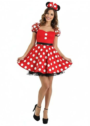 Women's Minnie Mouse Polka Dot Costume | Dress and Headband for Adults Disney Halloween Party Outfit, Red, Large
