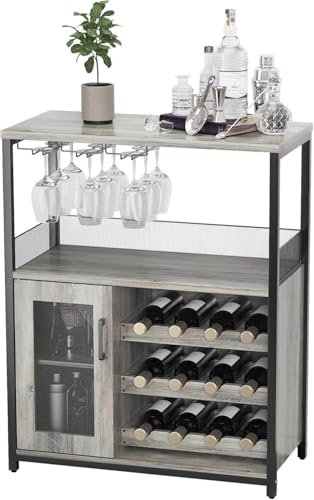 Garvee Weinschrank Industrial, Weinregal mit Glashalter und Stauraum | Industrial Weinschrank mit verstellbarem Weinregal, Glashalter, Getränkeaufbewahrung, 70x35x92cm und grauem Design
