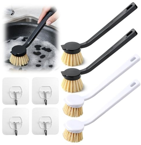 Cepillo para Sartenes, Cepillo para Platos De Cocina, Adecuado para Lavar Ollas, Cuencos, Fregaderos, Estufas, Etc. (4 Piezas, Blanco Y Negro, con 4 Ganchos Adhesivos Transparentes)