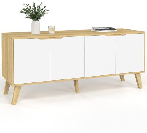 IDMarket - Sideboard, skandinavisch, 140 cm, Finn, Holzoptik, Buche, 4 weiße Türen