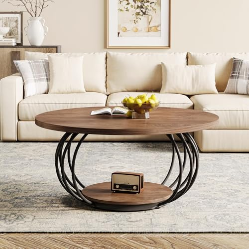 Tribesigns Tavolino da caffè rotondo con contenitore, tavolo con struttura in metallo a 2 ripiani, 100 x 100 x 46 cm, piano in legno con venature, tavolo centrale rustico per soggiorno