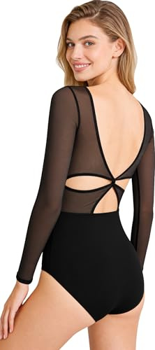 Vavewee Mesh Long Sleeve Dance Leotard for Women Adult Black Ballet Dancewear,Twisted Cross-Back (258196-06-L)
